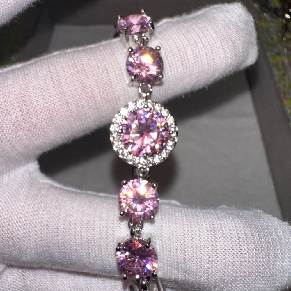 Elegant pink Moissanite Diamond sliver plated 925 brecelet